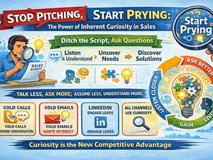 Landscape infographic illustrating “Stop Pitching, Start Prying,” featuring a salesperson using curiosity-driven questioning instead of pitching. Visual elements include a magnifying glass symbolizing curiosity, icons for listening and discovery, and a flow showing asking questions, understanding challenges, and delivering tailored value, with a message emphasizing curiosity as a competitive advantage in modern sales.