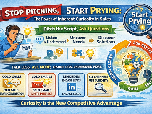 Landscape infographic illustrating “Stop Pitching, Start Prying,” featuring a salesperson using curiosity-driven questioning instead of pitching. Visual elements include a magnifying glass symbolizing curiosity, icons for listening and discovery, and a flow showing asking questions, understanding challenges, and delivering tailored value, with a message emphasizing curiosity as a competitive advantage in modern sales.
