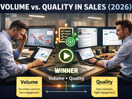 Alt text: Landscape image comparing two sales approaches, with a stressed salesperson using high-volume outreach on the left and a confident professional using personalized, data-driven outreach on the right, highlighting that combining volume and quality creates a balanced, winning sales strategy in 2026. 📈🎯💼