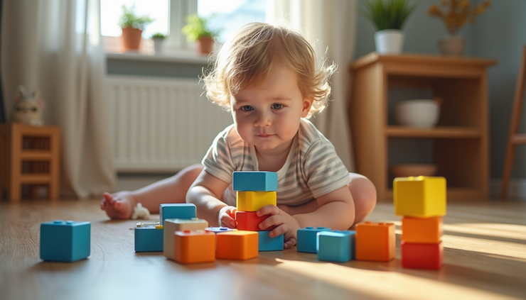 Eye-level view of a child playing with colorful building blocks on a wooden floor