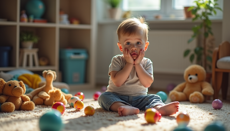 Eye-level view of a child sitting on the floor surrounded by toys, showing signs of distress