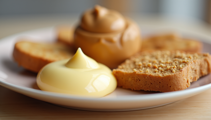 Close-up view of a variety of textured foods on a plate including pudding, peanut butter, and toast
