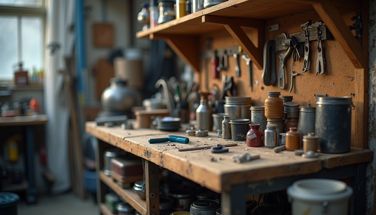 Close-up view of a small workbench in a garage with various collected items and tools neatly arranged