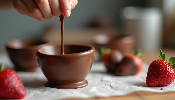 Eye-level view of a kitchen counter with chocolate bowls made from balloons and chocolate-covered strawberries on wax paper