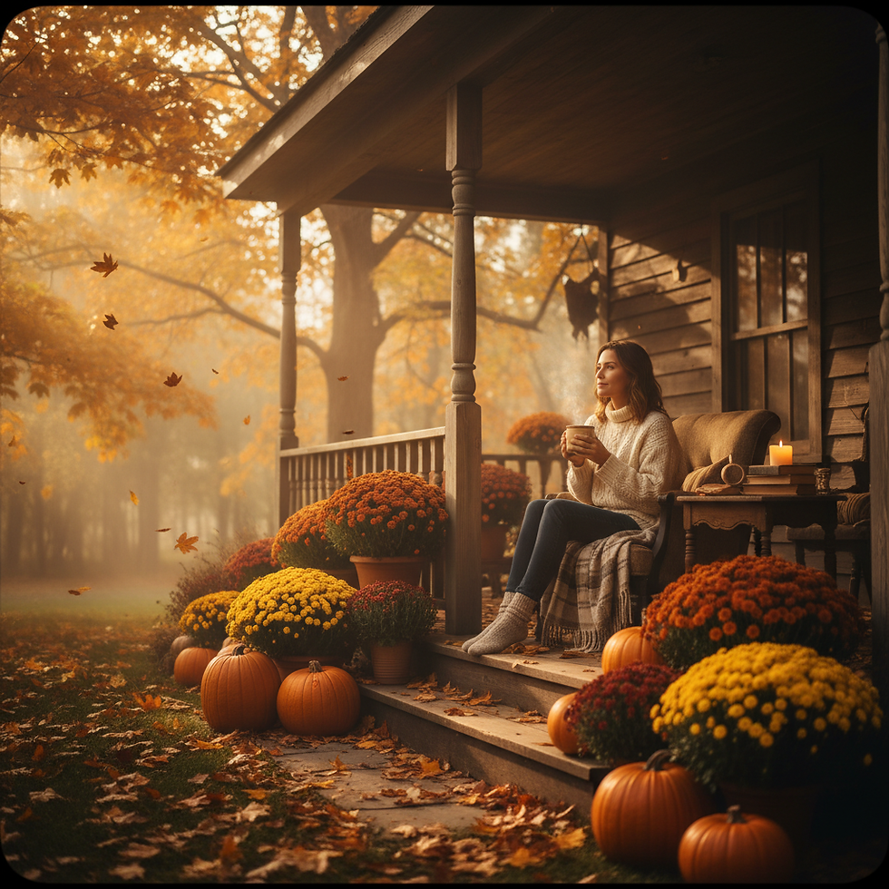 Mom enjoying a peaceful fall morning on the porch with coffee