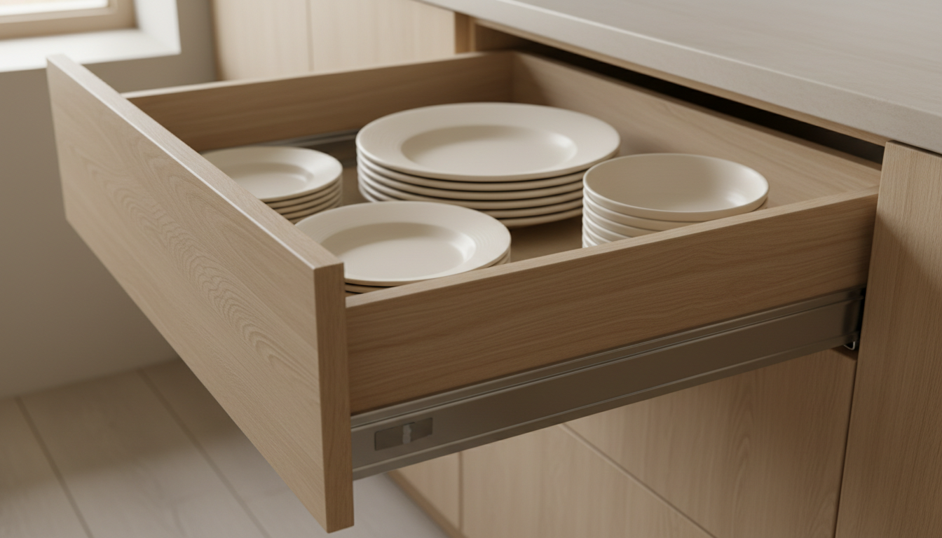 Primer plano de un cajón de cocina abierto con guías metálicas y vajilla bien ordenada.