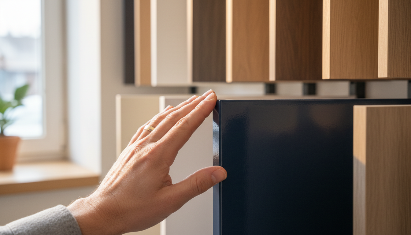 Primer plano de una mano revisando el acabado de una puerta de mueble de cocina