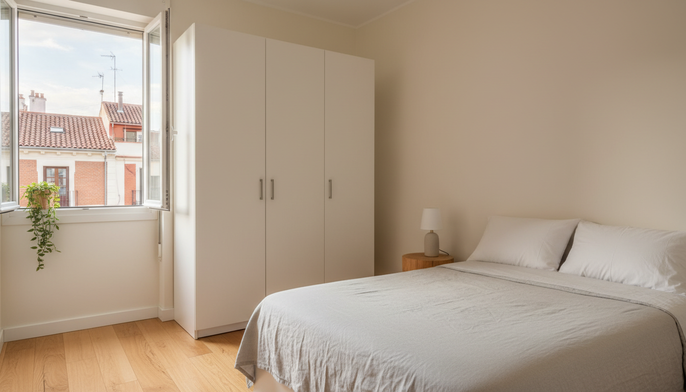 Vista amplia de un dormitorio pequeño con un armario IKEA ya montado y nivelado.