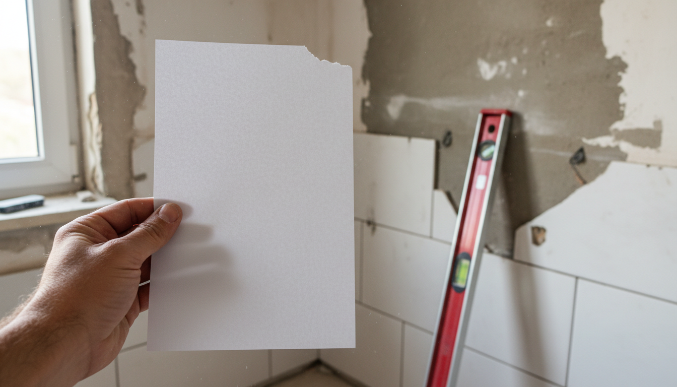 Primer plano de una mano sosteniendo una hoja de papel junto a una pared en obra