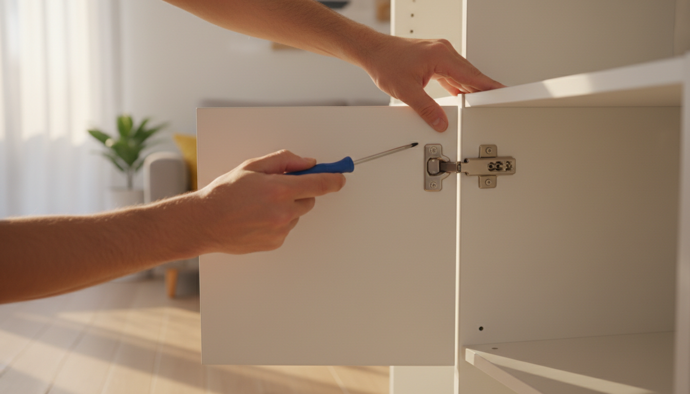 Primer plano de unas manos ajustando una bisagra en un mueble IKEA blanco.
