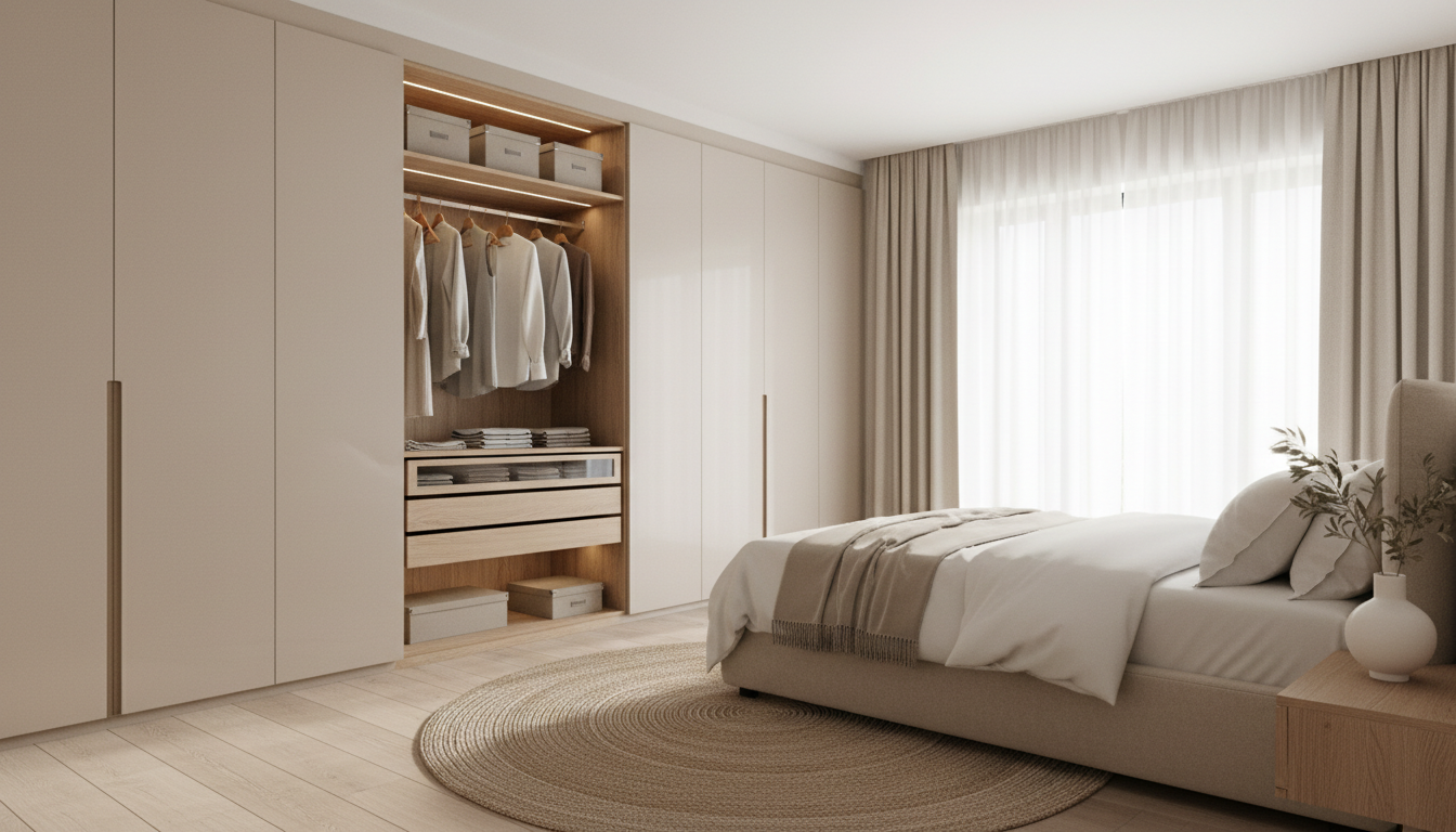 Vista gran angular de un dormitorio con un armario IKEA integrado como vestidor a medida.