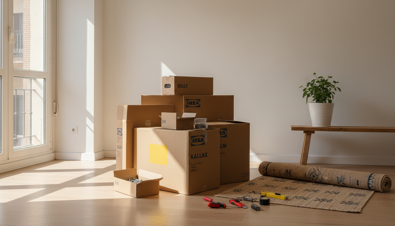Vista a nivel de los ojos de un salón madrileño con cajas de muebles IKEA listas para montar.