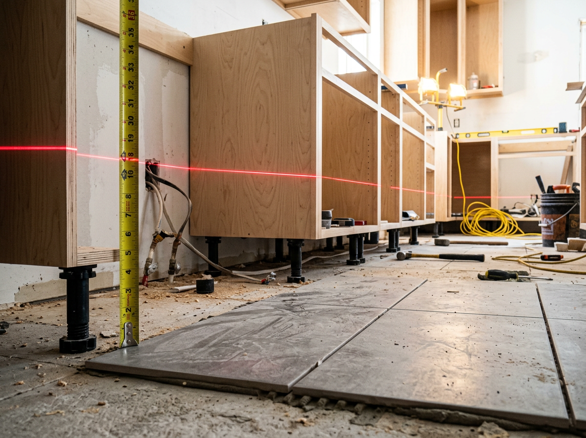 Vista a ras de suelo de un nivel láser proyectando una línea horizontal en una cocina en montaje