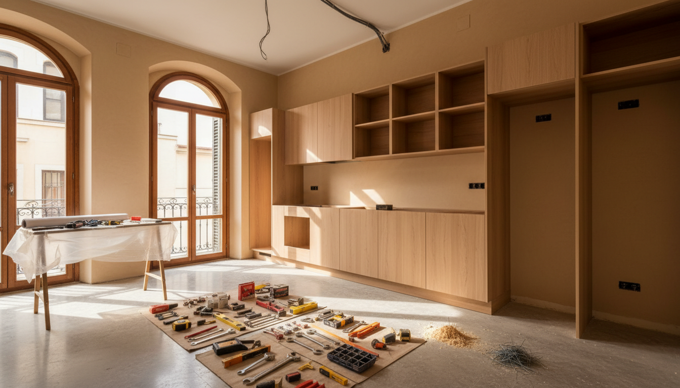 Vista a nivel de los ojos de una cocina parcialmente instalada con herramientas ordenadas en el piso