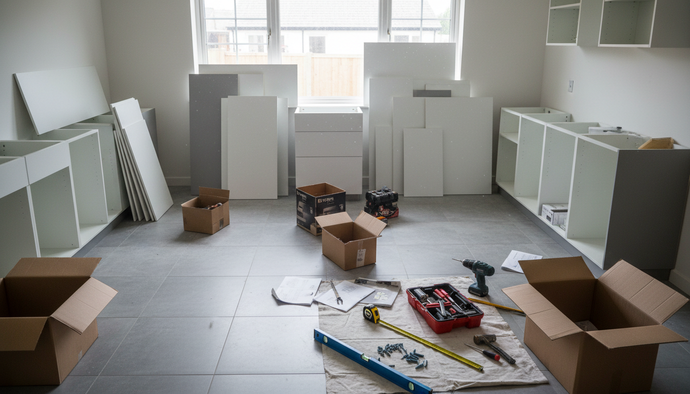 Vista en ángulo amplio de una cocina desmontada con módulos, herramientas y cajas en el suelo