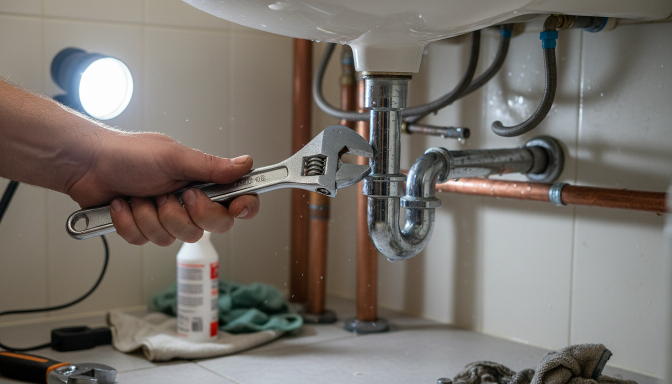 Primer plano de una mano ajustando una válvula bajo un lavabo con una llave inglesa