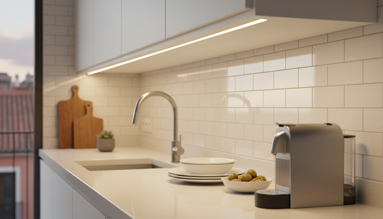 Primer plano de una tira de luces LED instalada bajo un mueble de cocina iluminando la encimera