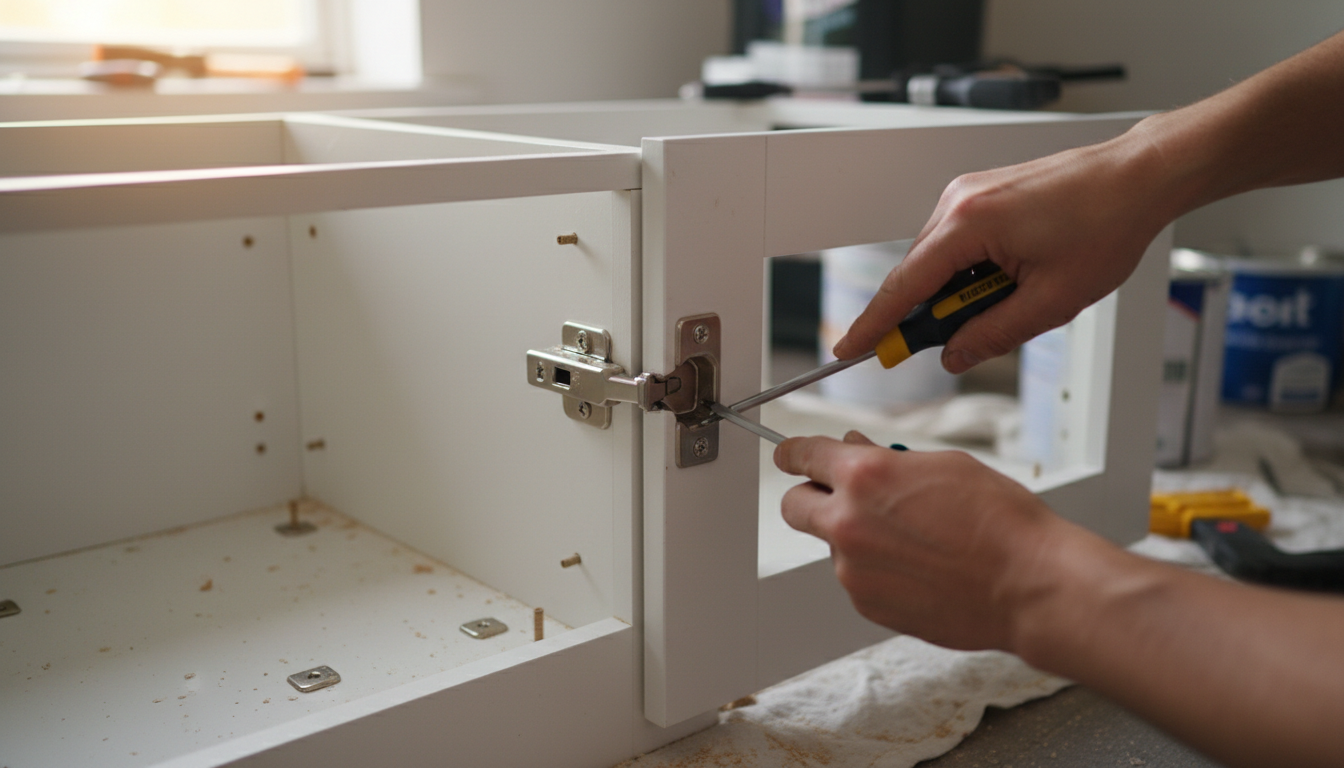 Primer plano de unas manos ajustando una bisagra en un mueble de cocina blanco