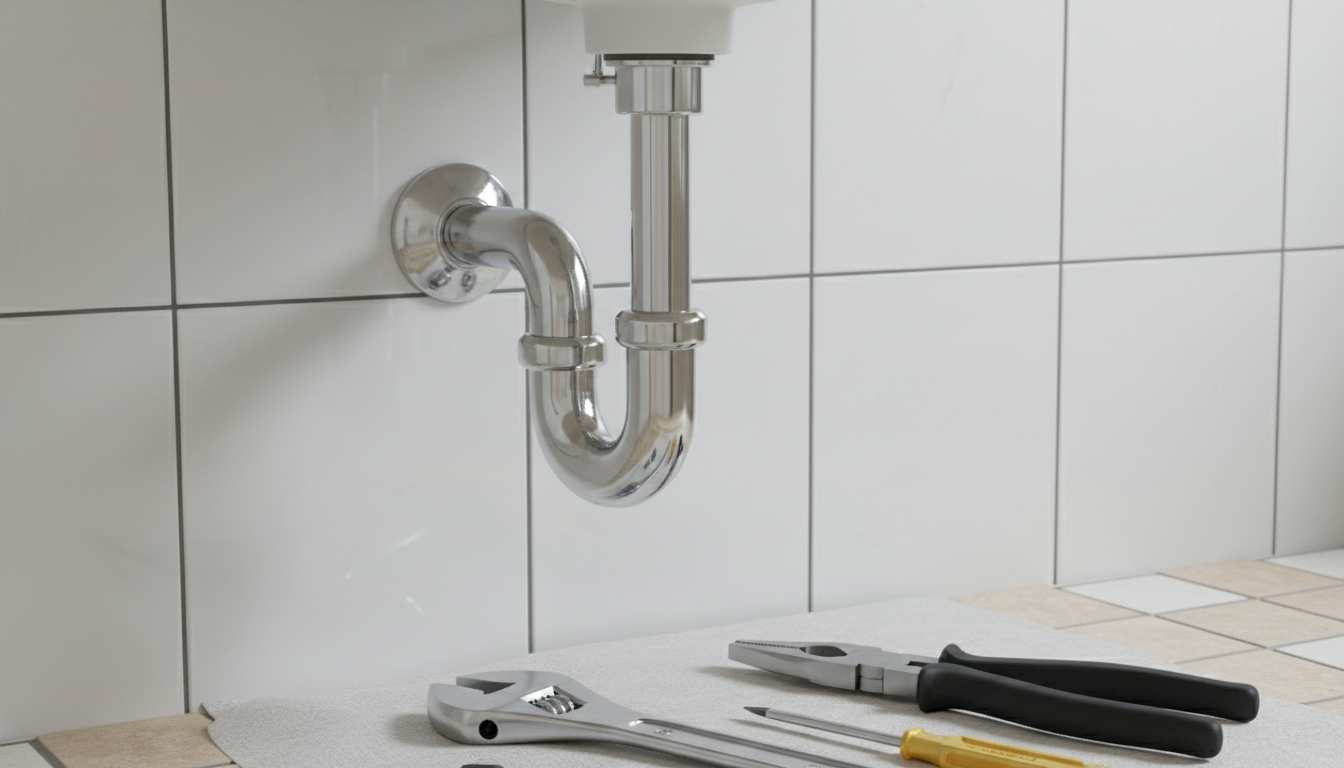 Primer plano de un sifón instalado bajo un lavabo con herramientas manuales junto a la pared
