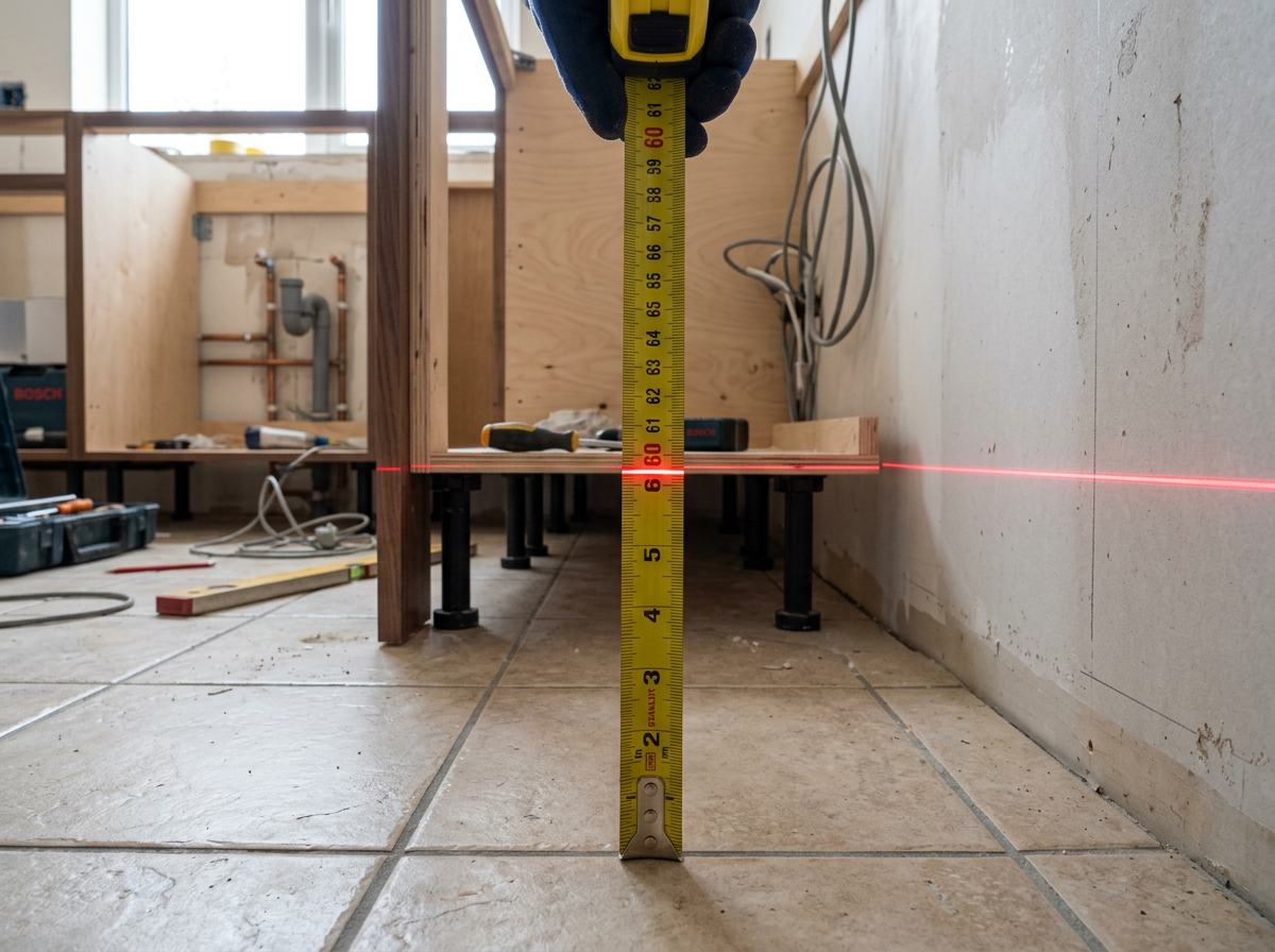 Primer plano de un metro vertical midiendo hasta una línea láser sobre un suelo de cocina