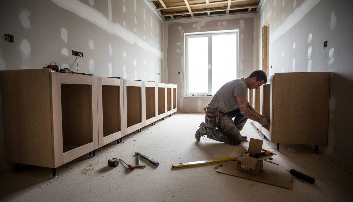 Vista amplia de un instalador ajustando muebles bajos de cocina en una vivienda en obra