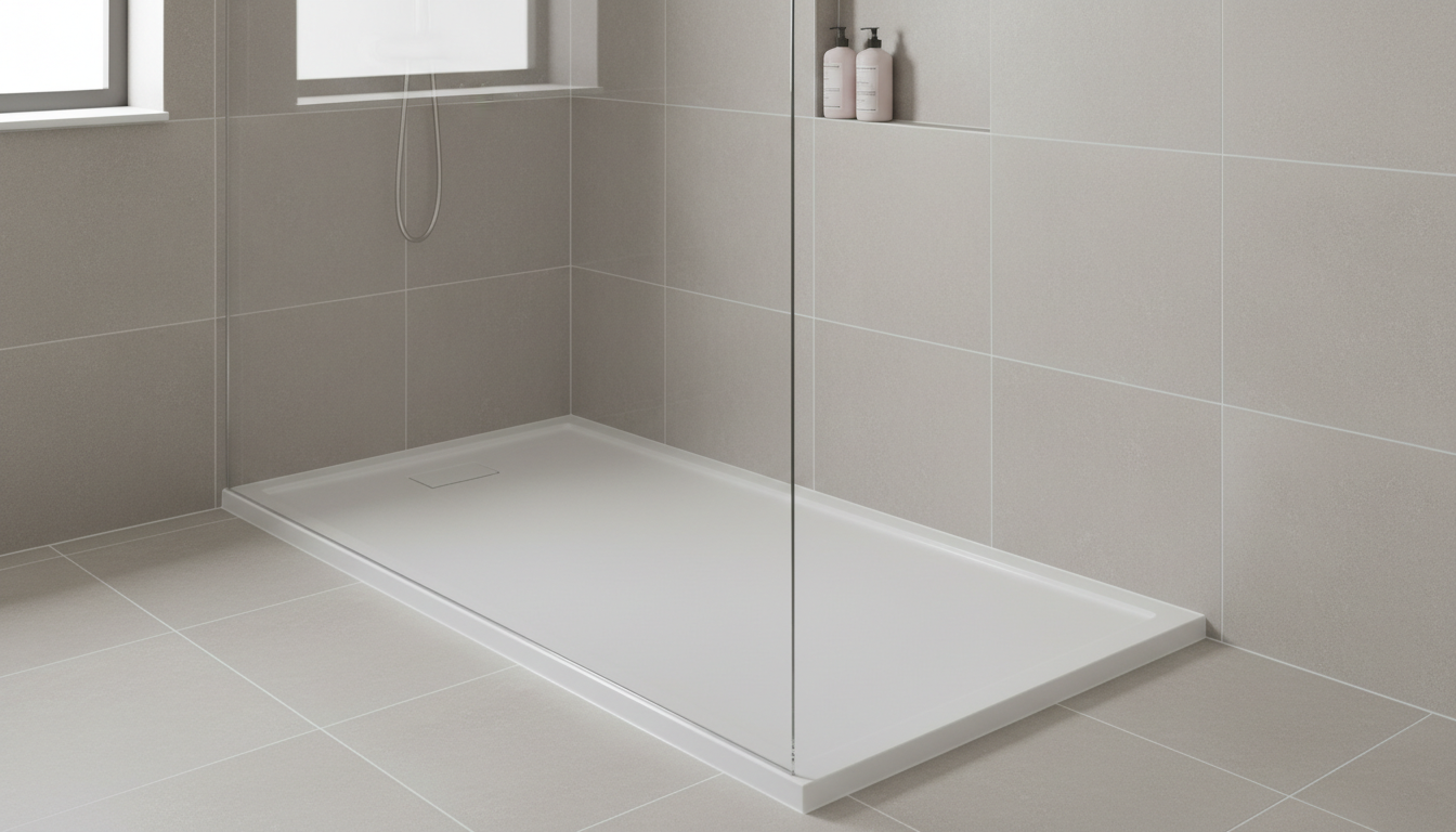 Vista a nivel de los ojos de un plato de ducha instalado en un baño moderno con juntas selladas