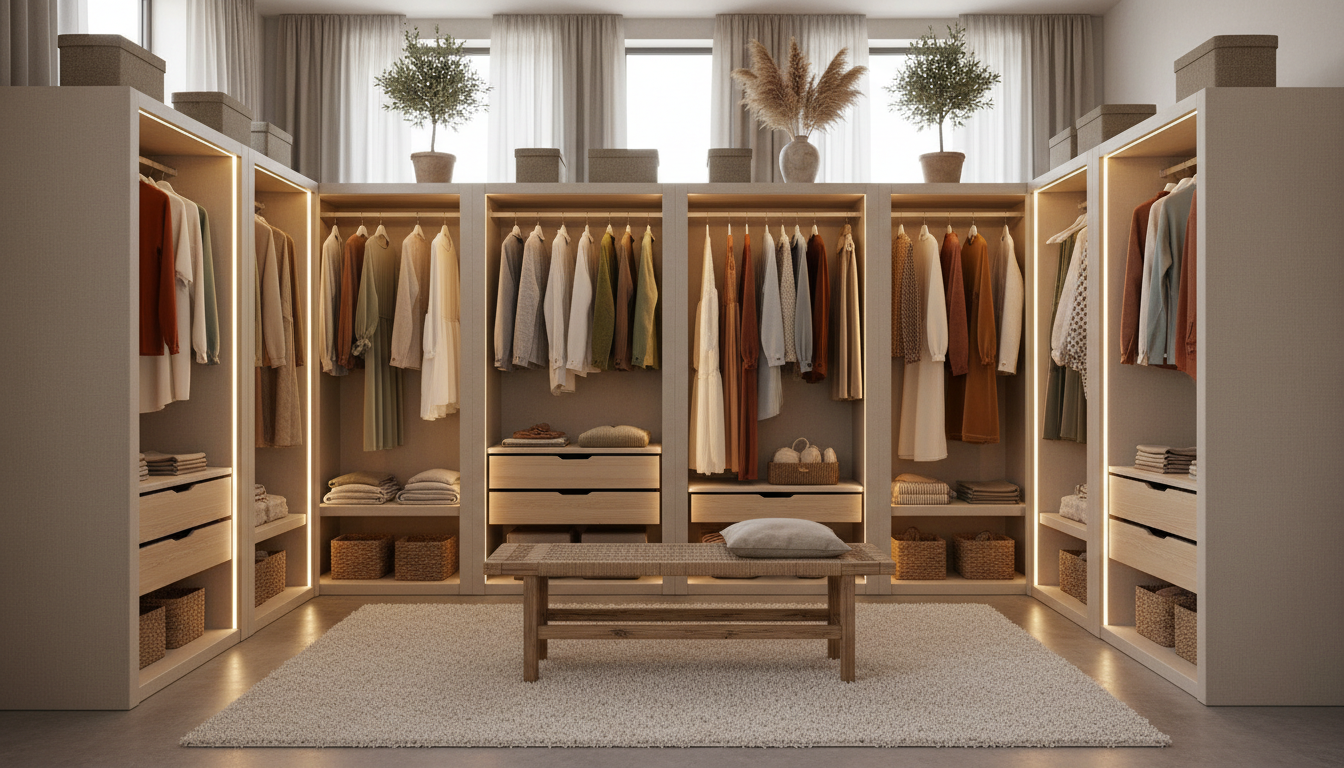 Vista a nivel de los ojos de un vestidor abierto con iluminación cálida y módulos perfectamente rematados.