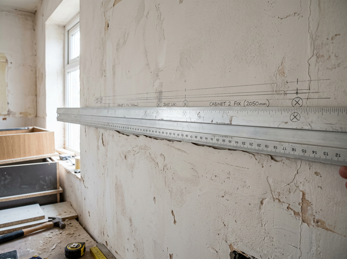 Primer plano de una regla larga apoyada sobre una pared para detectar huecos y salientes.