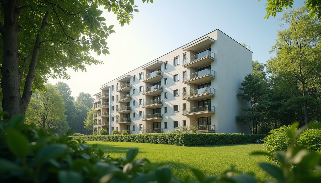 Wide angle view of a modern residential building surrounded by greenery