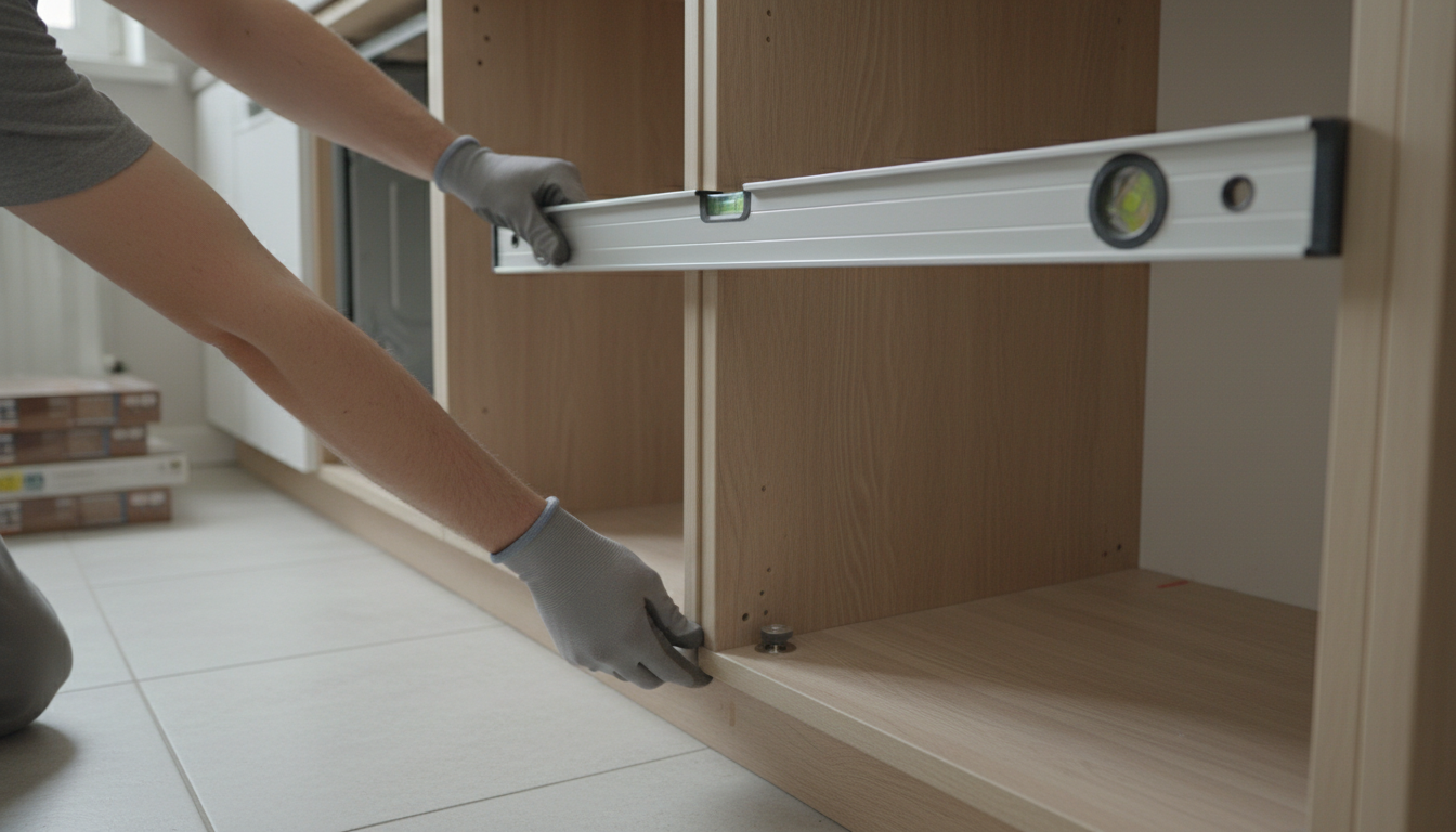 Vista a nivel de los ojos de un instalador ajustando un mueble bajo de cocina sin mostrar el rostro.