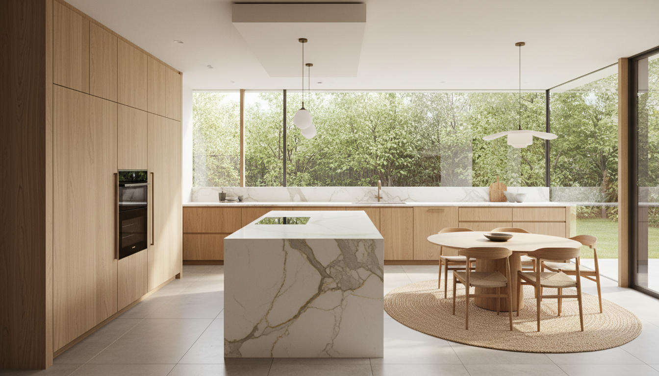 Vista en ángulo amplio de una cocina contemporánea con muebles de madera y frentes lisos.