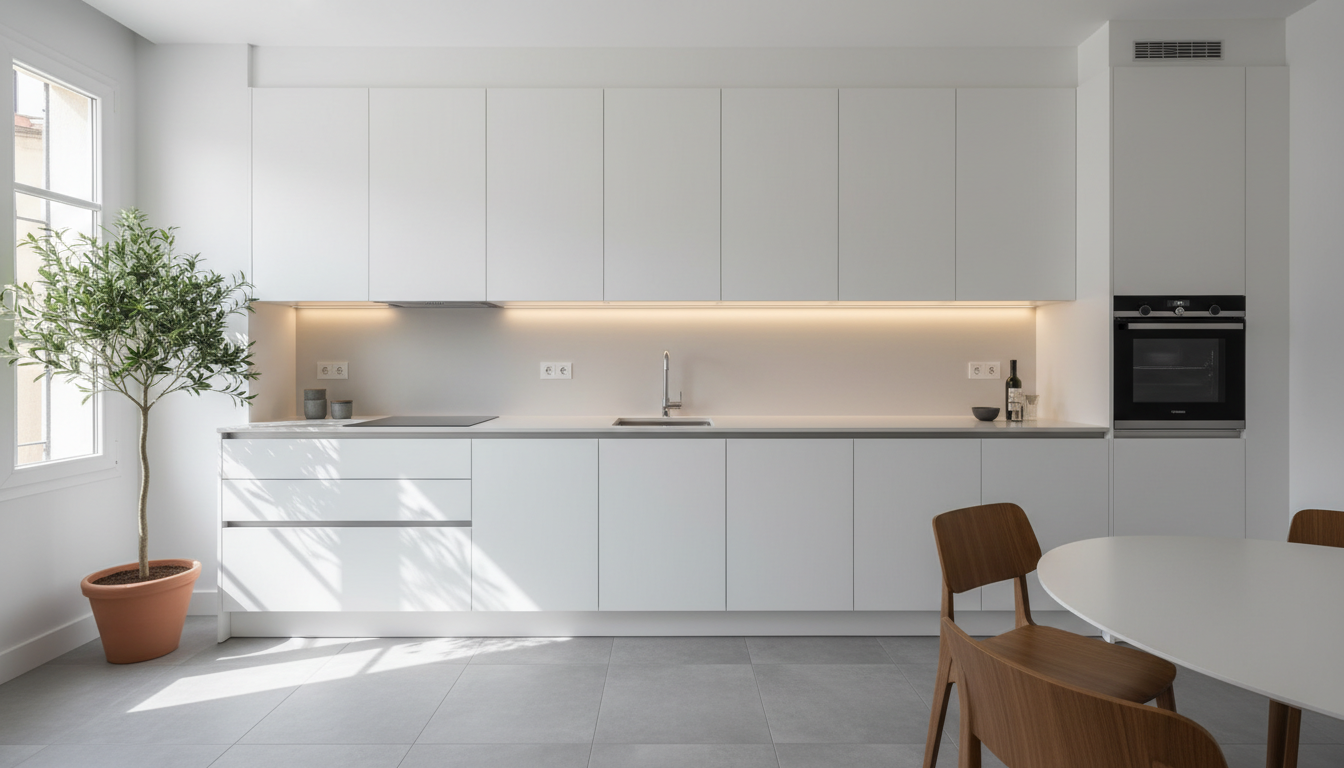 Vista en ángulo amplio de una cocina doméstica recién instalada con muebles ajustados y encimera limpia