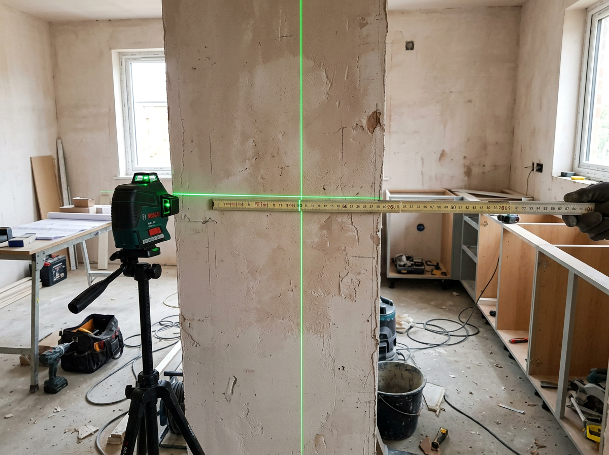 Vista frontal de una pared de cocina con un plano láser vertical preparado para medir desviaciones.