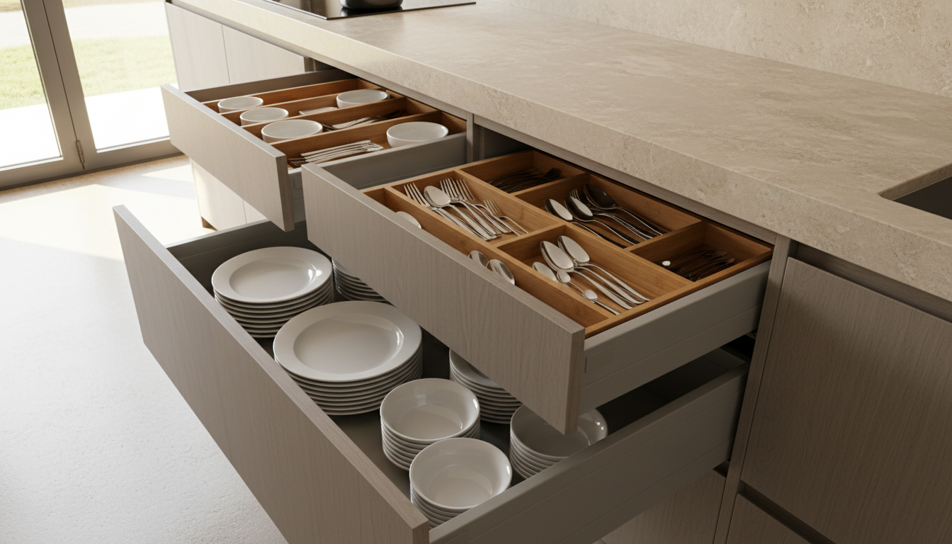 Plano detalle de una cocina terminada con cajones abiertos y vajilla ordenada.