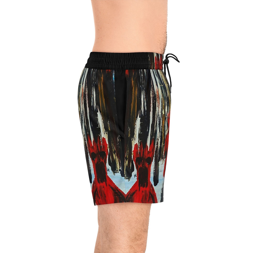 Thumbnail: LIFE WITH NO SKIN, CBK & A- Men's Mid-Length Swim Shorts (AOP)