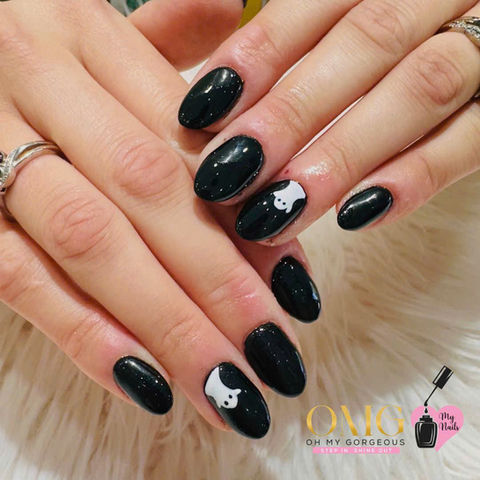 Black Halloween nails with white ghost art at OMG My Nails Christiansburg VA