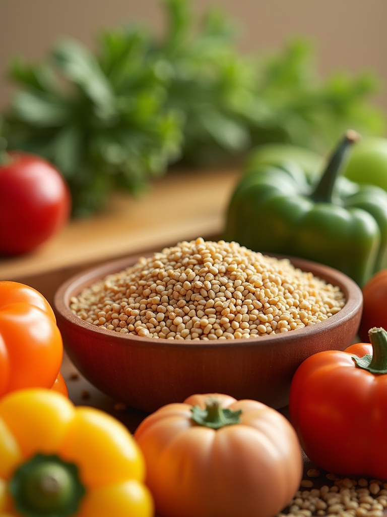 Selection of raw vegetables and grains high in natural dietary fiber.