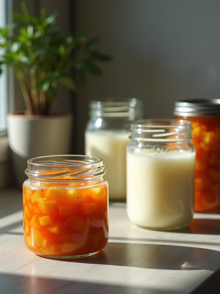 Glass jars filled with probiotic-rich fermented vegetables and healthy kefir.