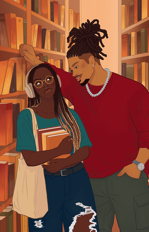 YA romance cover illustration without text: two students standing in a library aisle, one leaning in close, bookshelves behind, warm cinematic lighting.
