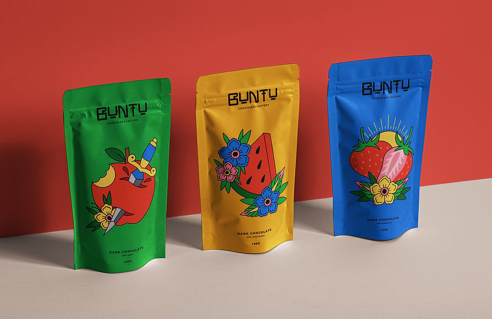 Set of three chocolate packaging designs with eye-catching, illustrative artwork. Inspired by traditional tattoo aesthetics, the designs incorporate bold fruit illustrations and floral motifs, creating a unique and modern chocolate branding concept.