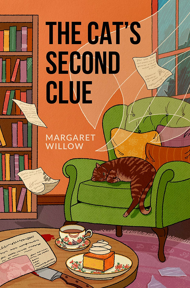 CozyMystery_TCSC_buntarke.JPG — Front cover of “The Cat’s Second Clue” — cozy mystery book cover art with cat on armchair, swirling pages, teacup and cake; bold title and author name.
