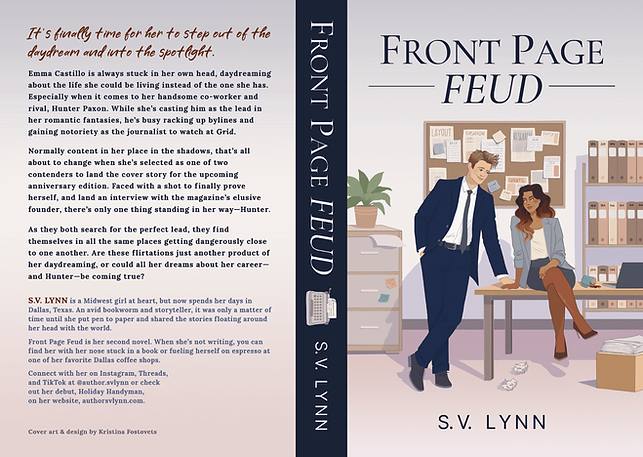 Full cover wrap for “Front Page Feud” — contemporary romance book cover design showing front, spine and back; newsroom office scene with two rival journalists.
