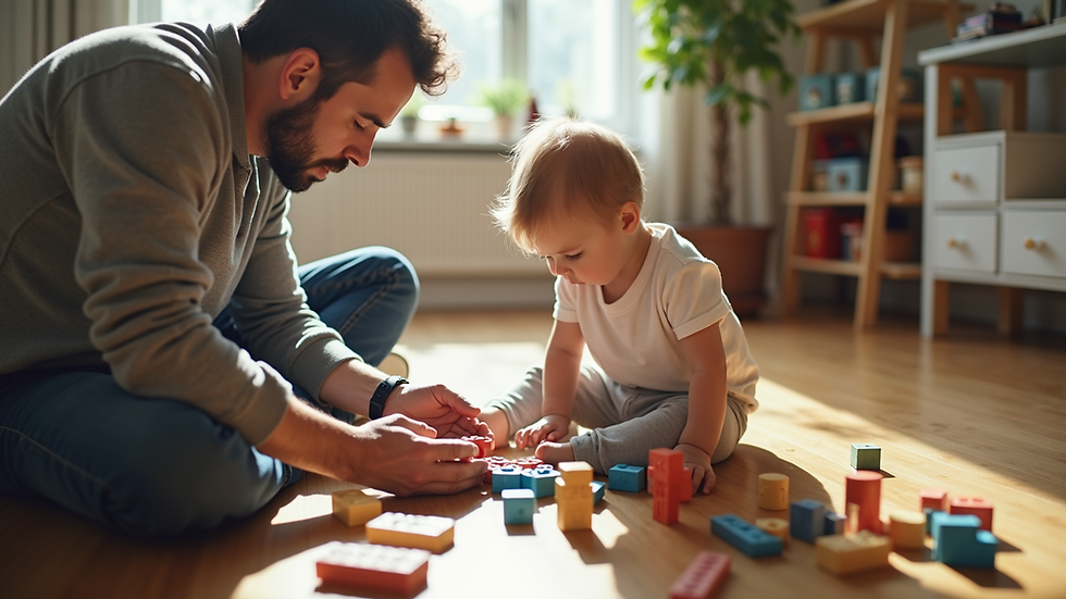 High angle view of a father and toddler playing with building blocks on the floor