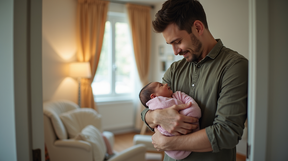 Eye-level view of a father holding a newborn baby in a cozy nursery