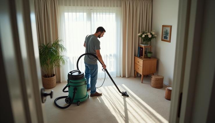 High angle view of a technician preparing carpet cleaning equipment inside a home