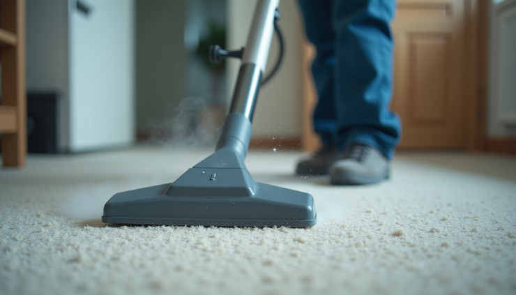 Eye-level view of a professional carpet cleaning technician using steam cleaning equipment