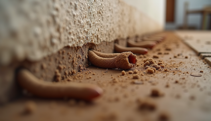 Eye-level view of termite mud tubes on a house foundation
