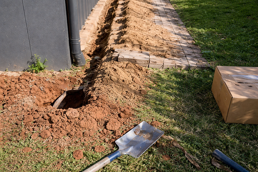 Close-up view of termite barrier installation around a house foundation