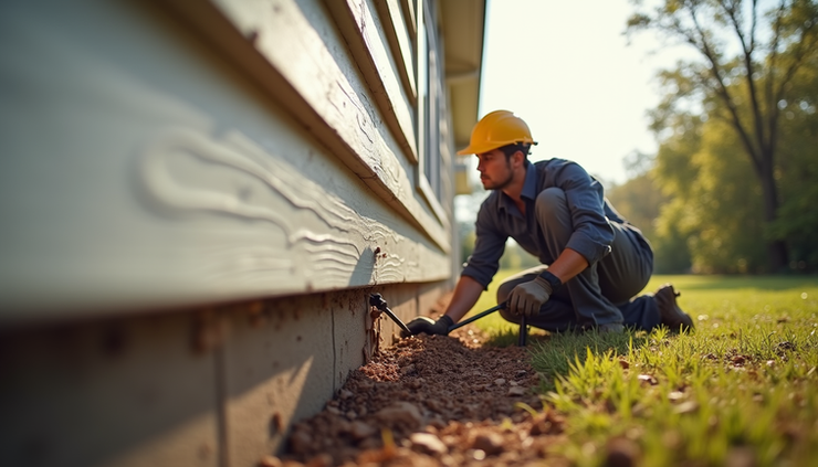 Eye-level view of termite control technician applying treatment around a Brisbane house foundation
