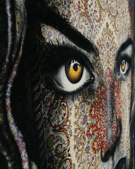 “Golden Eyes” – Handcrafted wool rug featuring a golden-toned portrait, combining traditional rug weaving with modern contemporary art for luxury home decor.